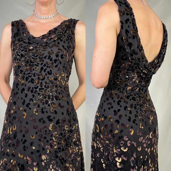 SOLD Sue Wong beaded silk velvet burnout cowl neck midi dress asymmetrical 8 - Picture 11 of 13